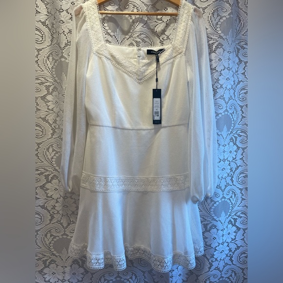 BCBG MAX AZRIA Minna Mesh Off White Mini Dress with Lace Trim Pristine NWT!!! - Picture 5 of 16